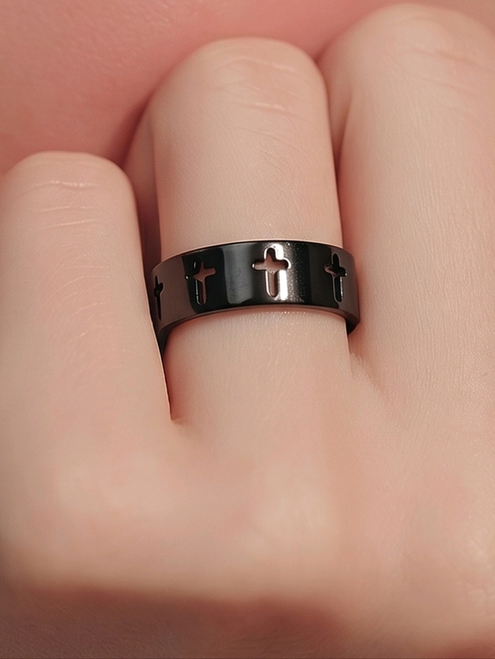 Black Cross Ring Size 6 Stainless Steel Cutout Christian Faith Men Teen 6mm Band